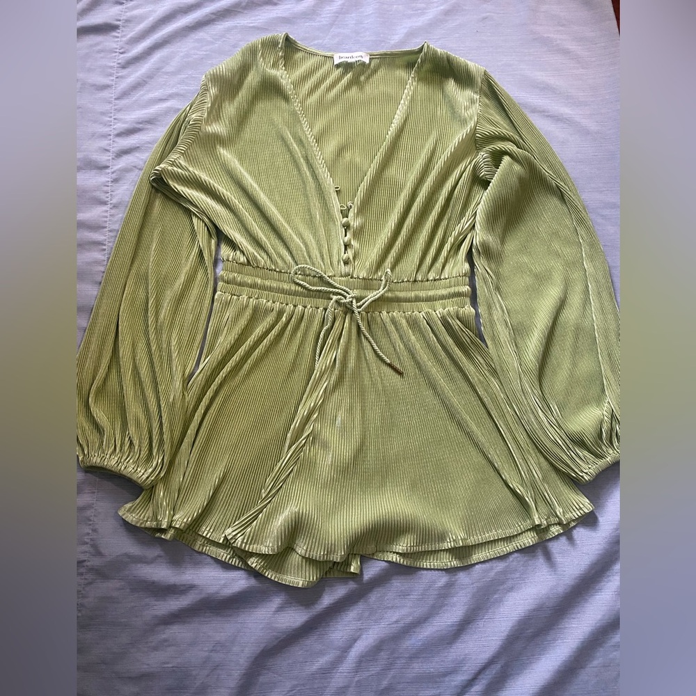 Olivia Moon Sage Green Long-Sleeve V-Neck Pleated Tunic